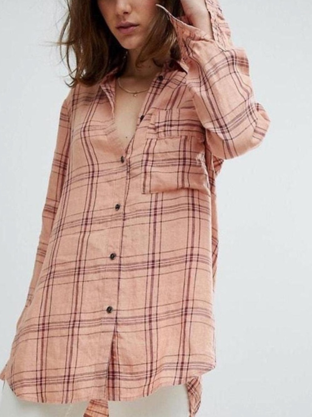 Free People No Limit Linen Plaid Button Up Shirt Large Oversized Boho